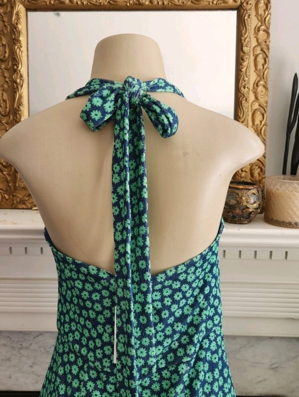 Anthropologie Hutch Blue Floral Dress Sz Medium Green Halter Ruffle Stretch Midi - Picture 7 of 8